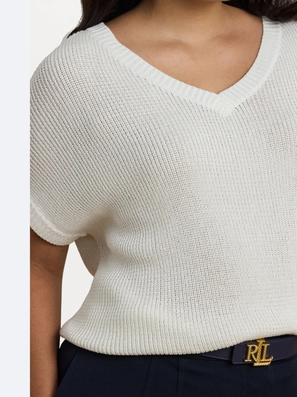 Lauren Ralph Lauren White Open Knit V-Neck Sweater Dolman Sleeve